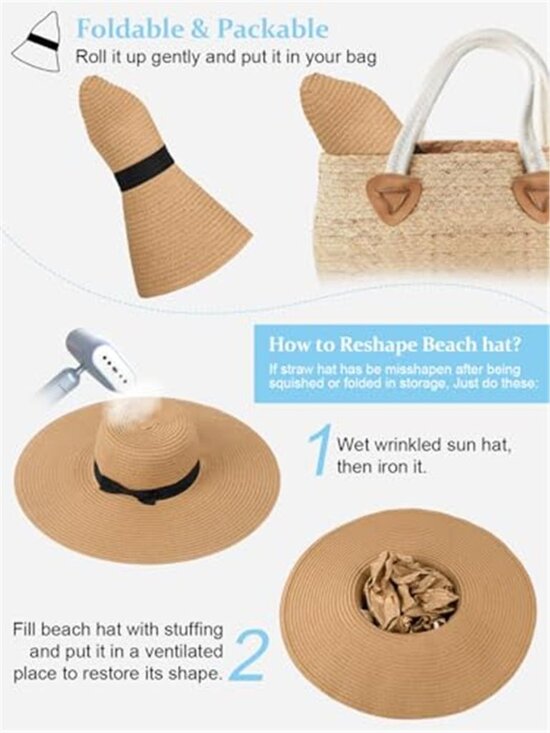 Sun Hats for Women Large Wide Brim Straw Beach Hat Floppy Foldable Roll-Up main image 5